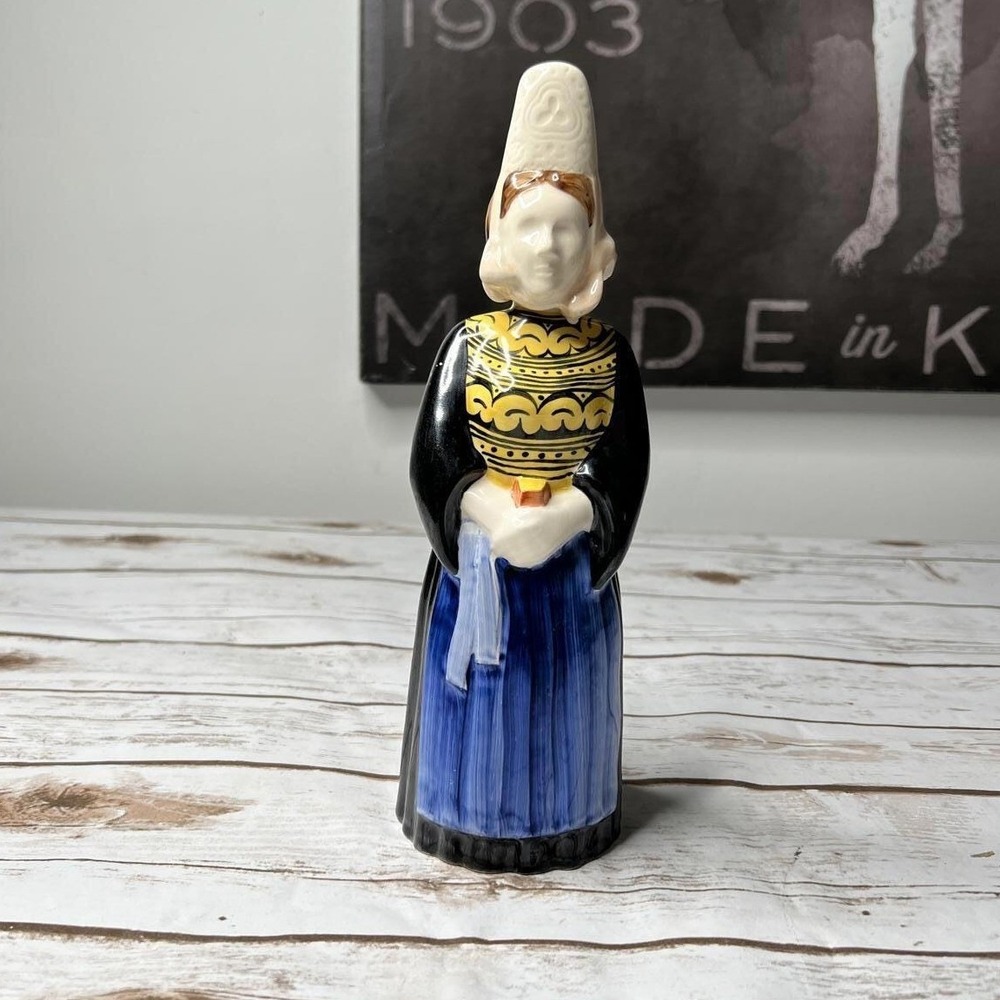 Franor Royale Decanter Black Blue Vintage Breton Woman Figurine 11in‎